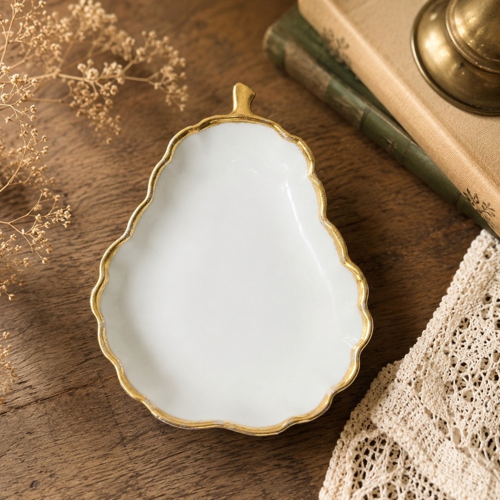 Vintage 1961 Pear Trinket Dish White Gold Gilt J Fetner Signed Small Decor 3.5in